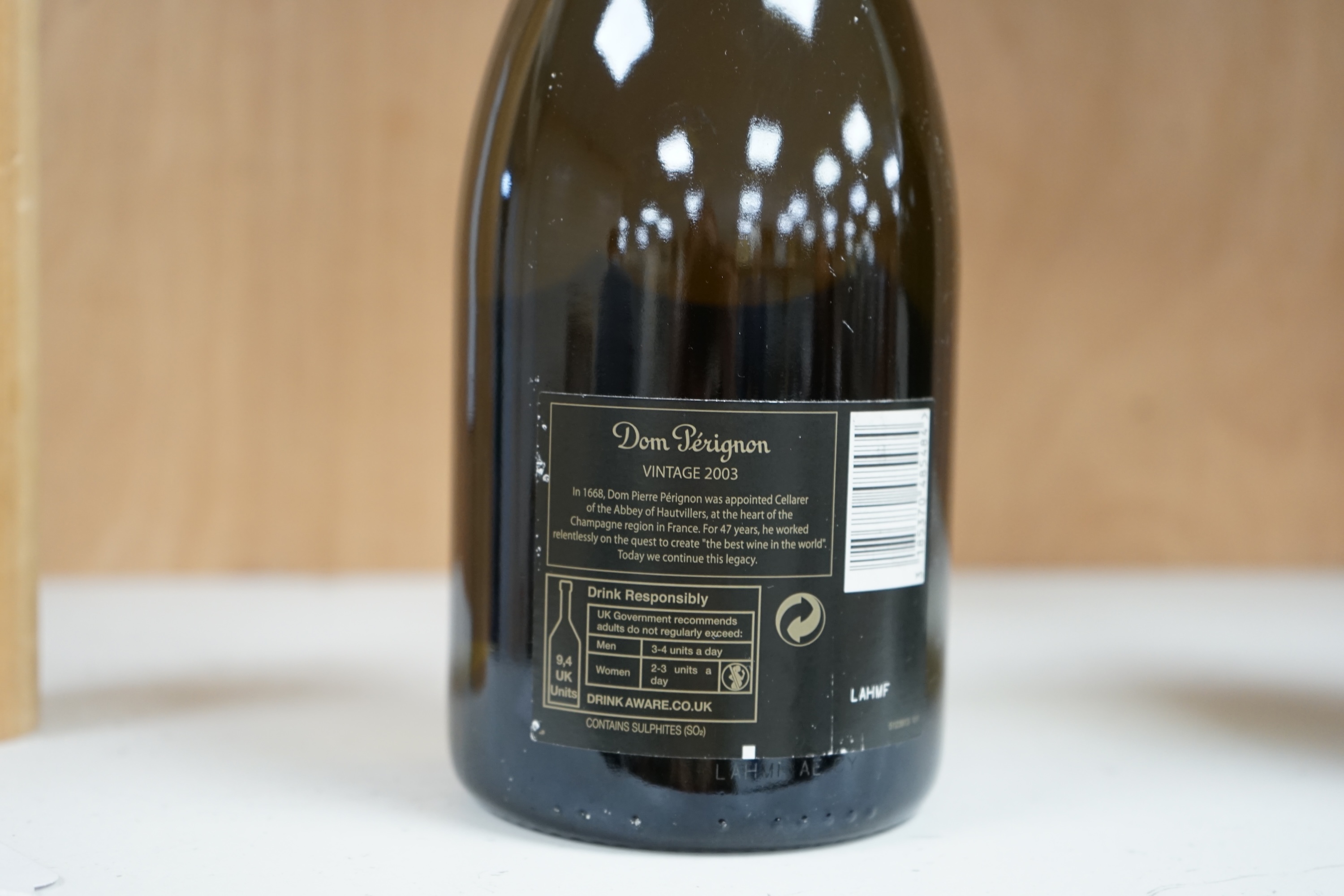 A 2003 vintage bottle of Dom Perignon champagne. Condition - fair to good, minor label wear, etc.